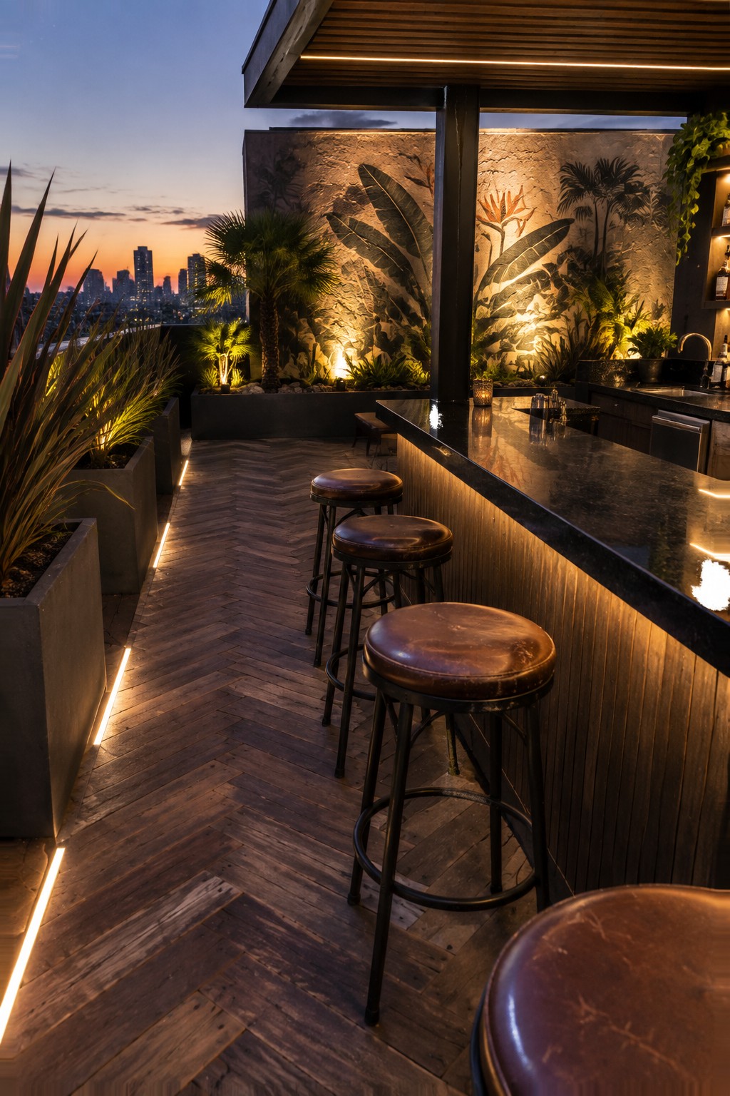 Rooftop terrace at dusk with a dark bar counter, three leather bar stools on a wooden deck, and linear lights edging concrete planters filled with tall plants.