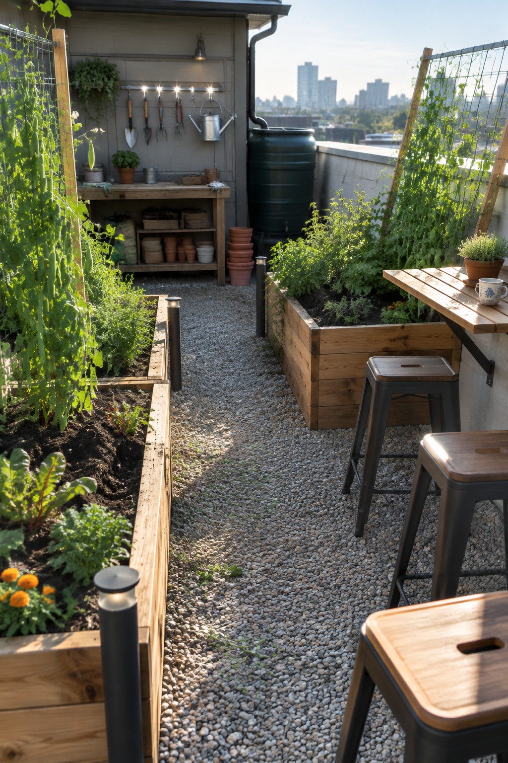 Rooftop garden with wooden raised beds, gravel path, and black path lights along the walkway.