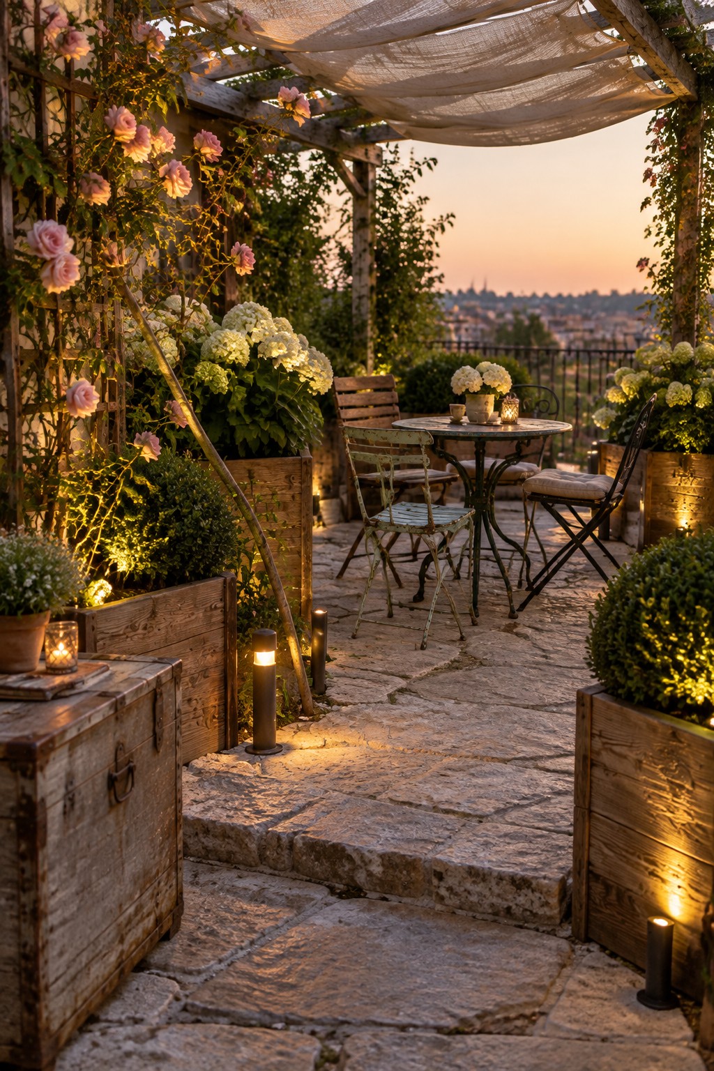A rooftop stone patio with a small metal table and chairs, surrounded by wooden planters filled with flowers and shrubs, and lit by several short cylindrical path lights at dusk.