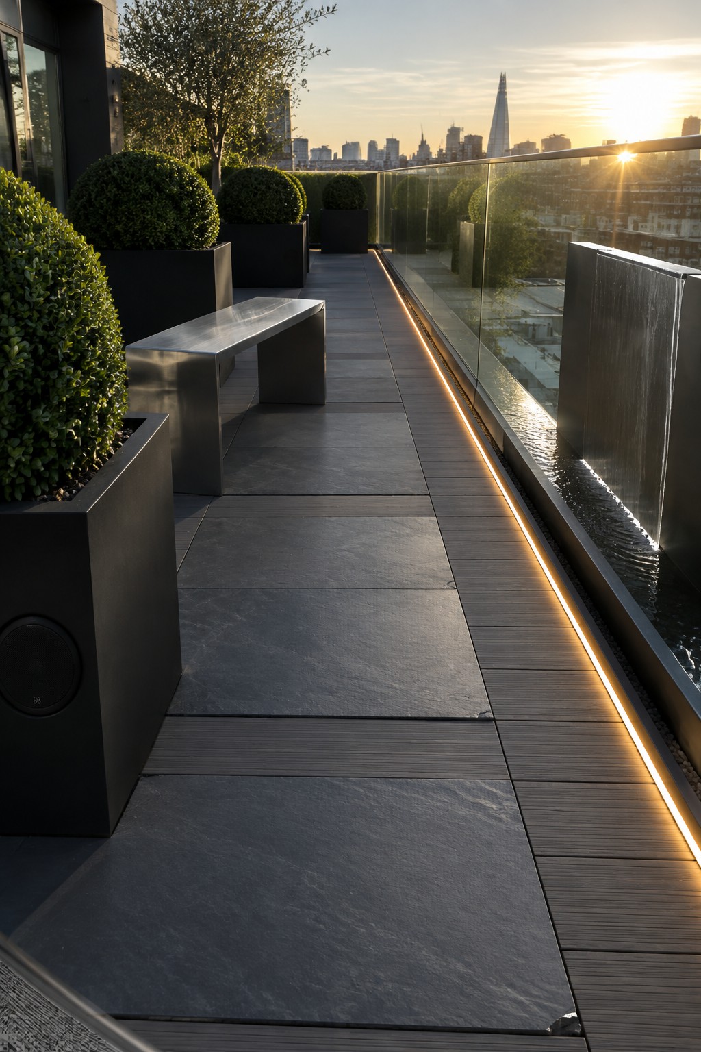 Modern rooftop terrace with metal bench, planters, water feature, and city skyline at sunset