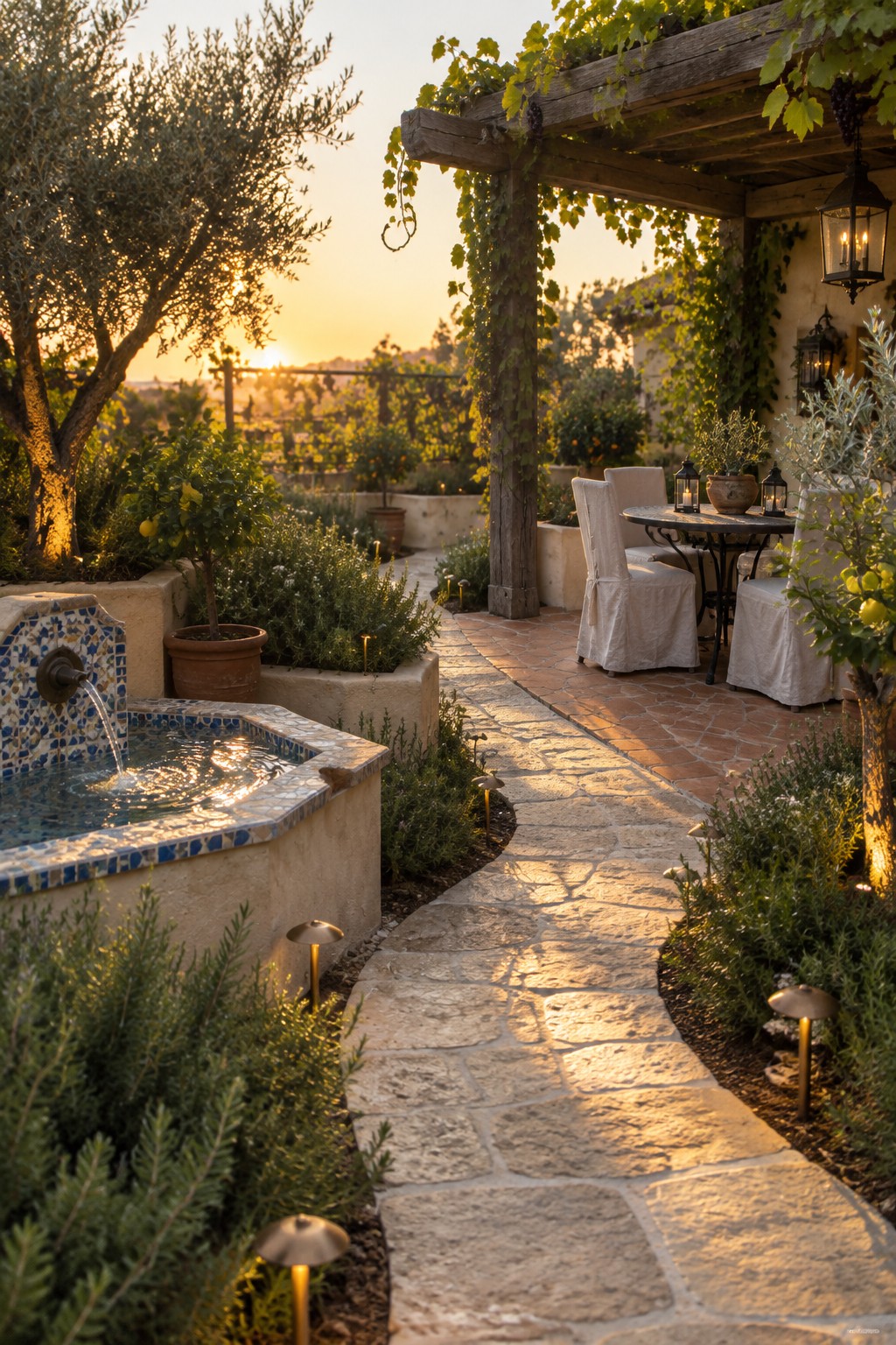 Stone path winds past tiled fountain to vine-covered pergola dining at vineyard sunset