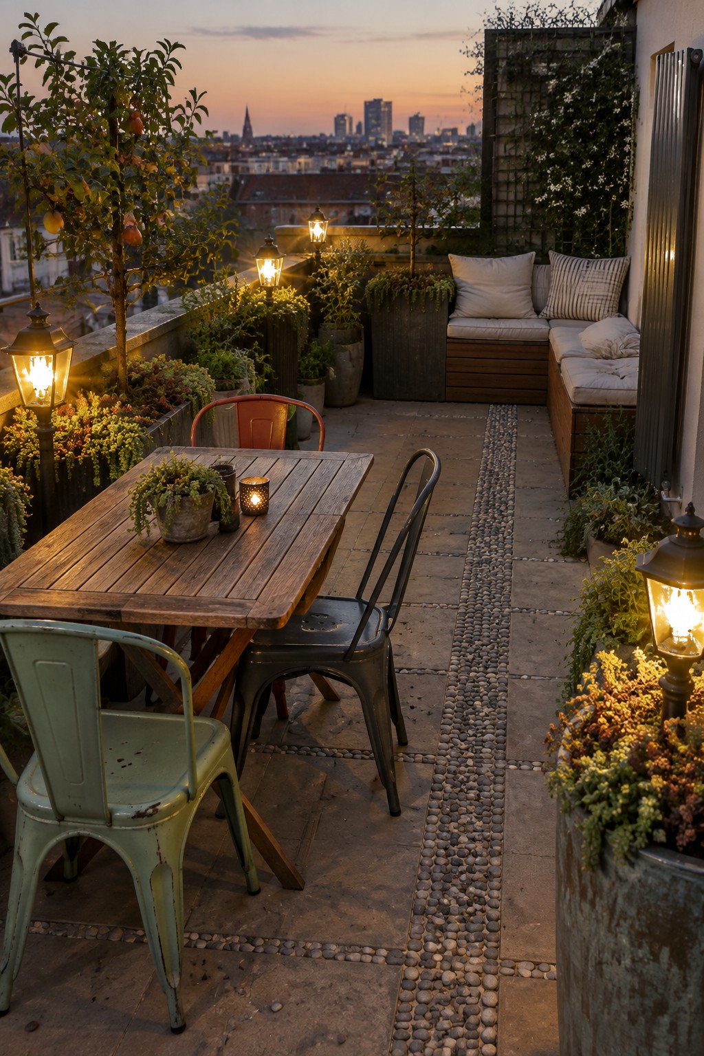 Rooftop terrace at dusk with a wooden table and metal chairs, potted plants, cushioned bench seating, and several lit lanterns along a pebble path overlooking a city skyline.