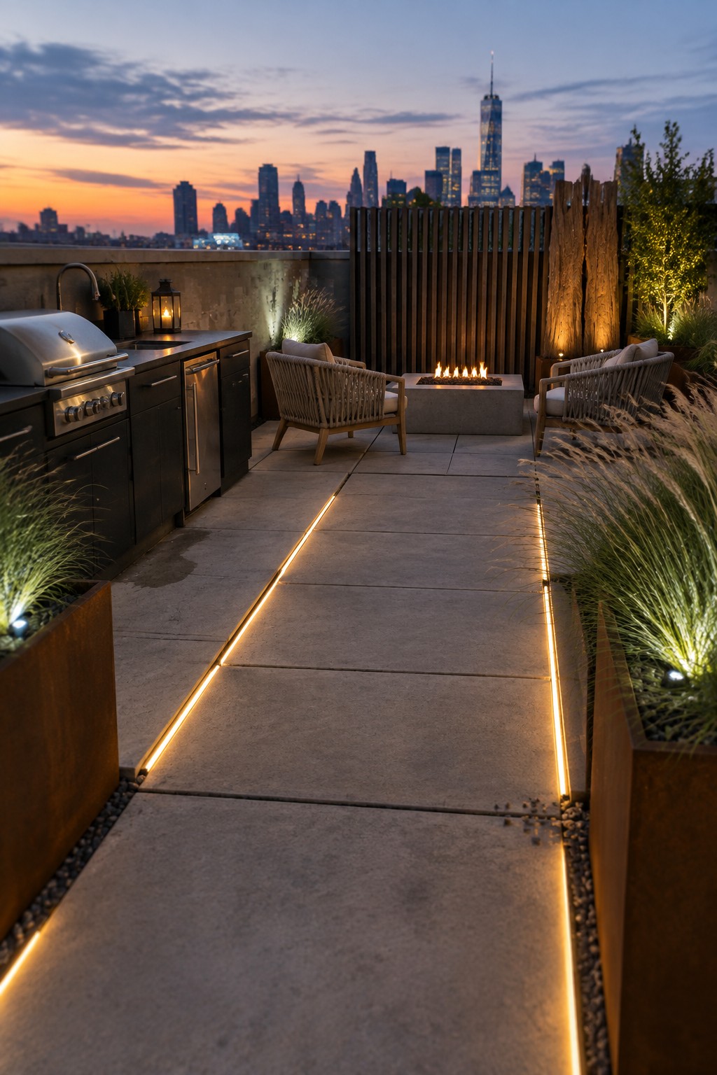 Rooftop terrace with concrete pavers featuring embedded linear lights forming a path between an outdoor kitchen on the left and two woven chairs around a fire pit, with a city skyline at dusk.