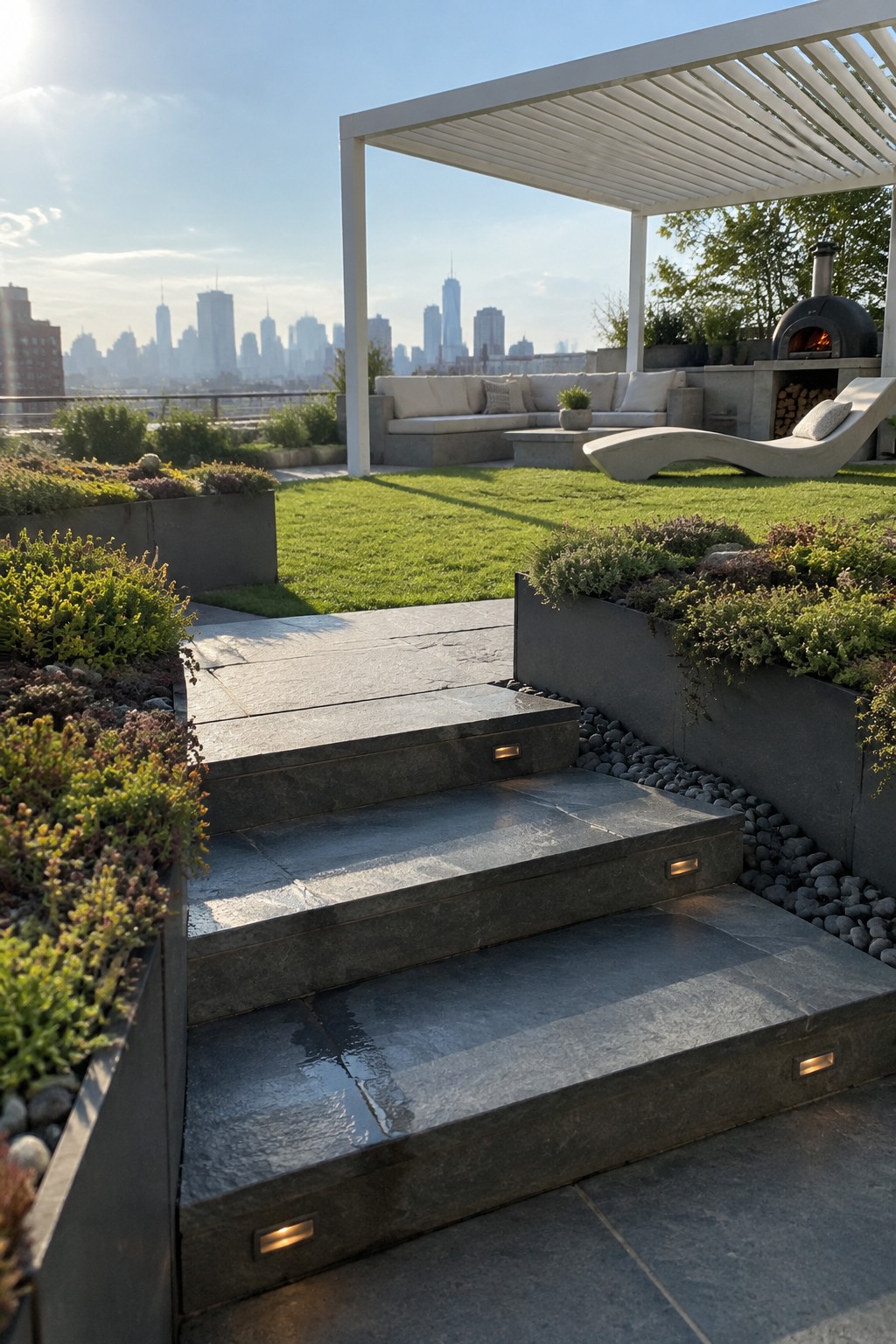 Stone steps with small recessed lights leading up to a rooftop patio with seating, a built-in oven, and raised planters.