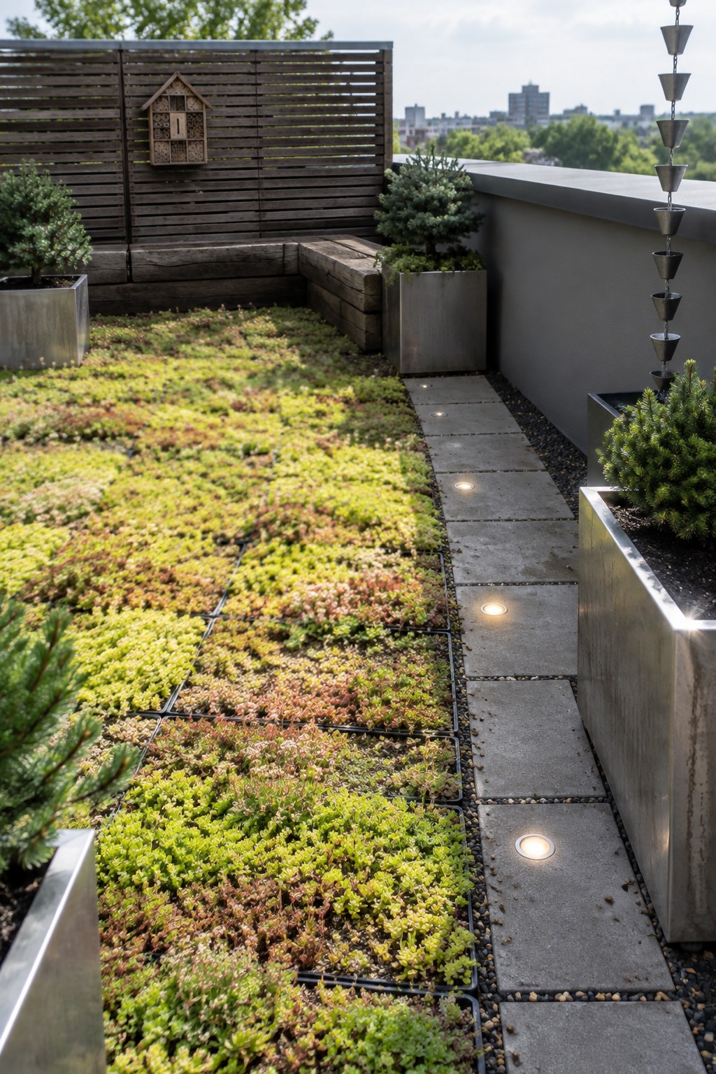 A rooftop garden path made of square concrete pavers with round recessed lights runs beside modular trays filled with low-growing green and reddish plants.