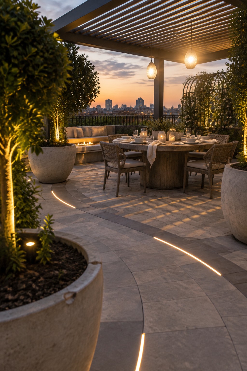 A rooftop terrace at dusk with a round wooden dining table, woven chairs, large concrete planters with trees, and thin glowing linear lights embedded in the stone floor.