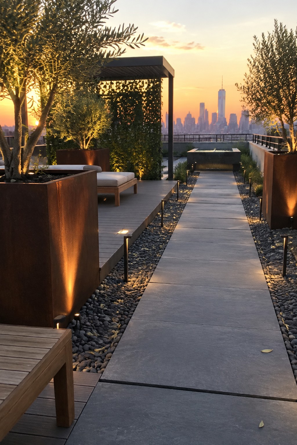 Rooftop terrace at dusk with a concrete path lined by low-voltage lights, wooden lounge chairs in raised planters, and a city skyline in the background.