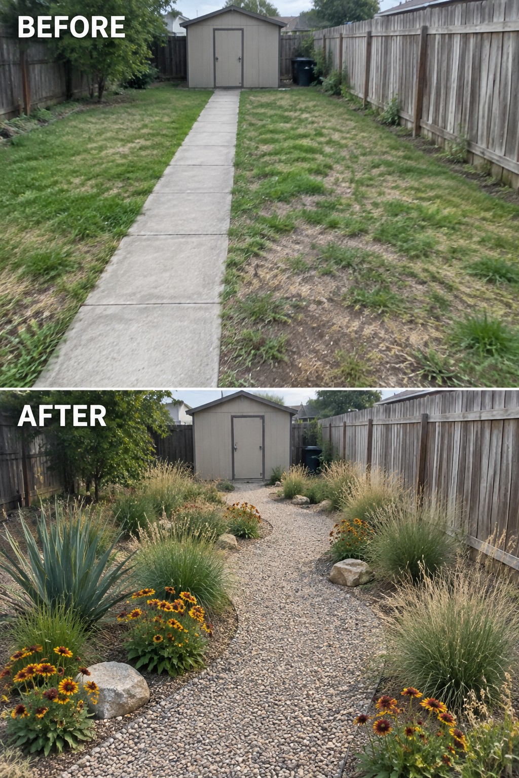 Before and after backyard with concrete path replaced by gravel, plants and flowers