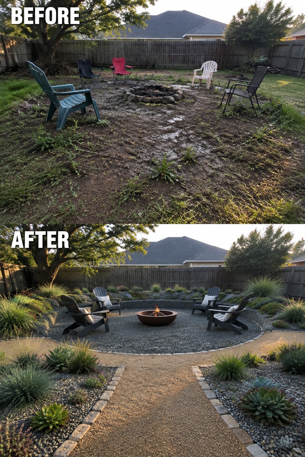 Before-and-after image of an overgrown backyard fire pit area transformed with gravel, arranged seating, and drought-tolerant planting beds.