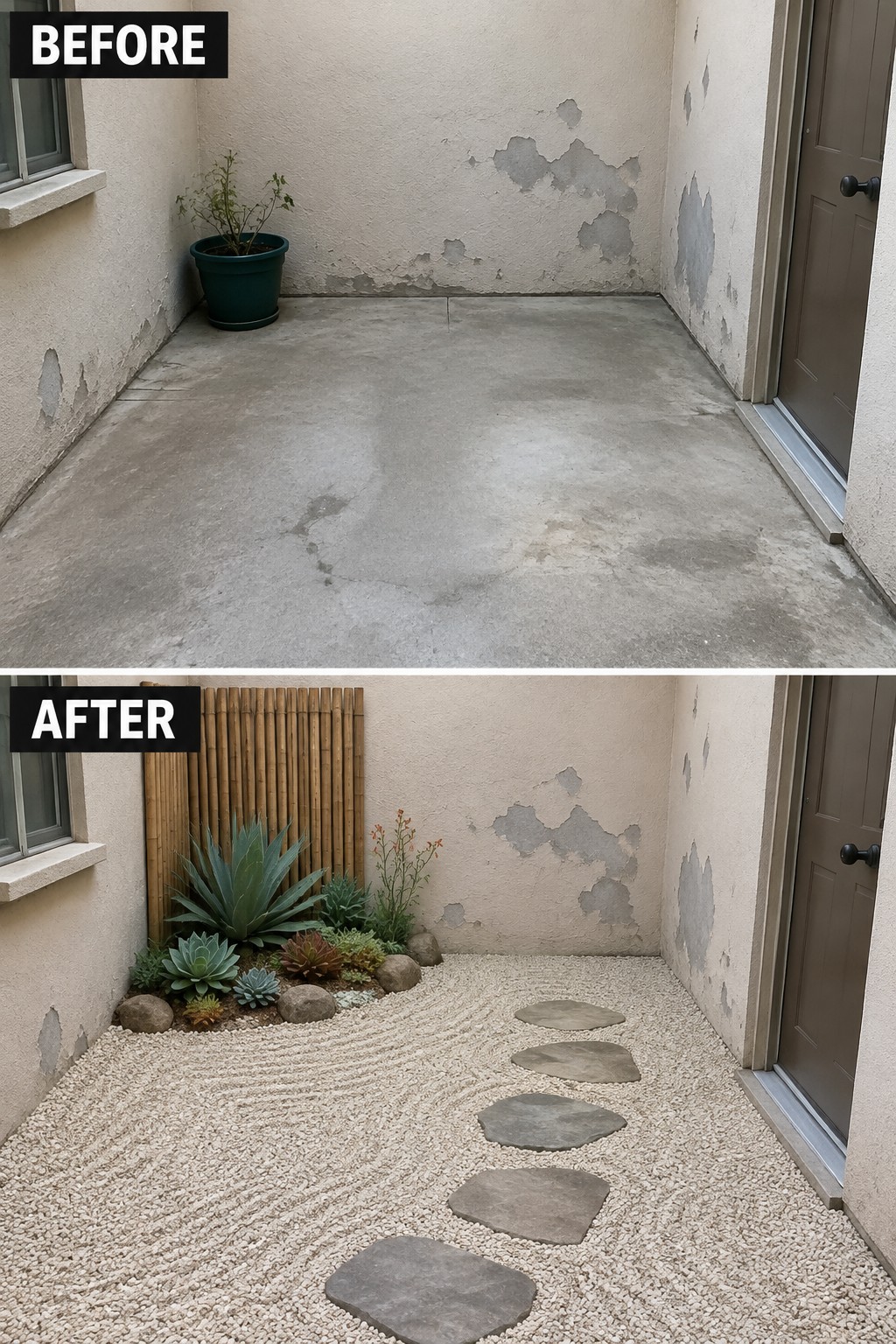 Before and after of bare concrete patio transformed with gravel, stepping stones, and plants