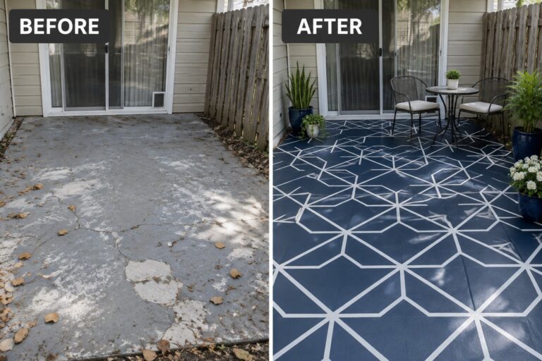 20 DIY Patio Flooring Makeover Ideas for an Old Patio Patio before with cracked concrete and after with blue diamond pattern, furniture, and plants.