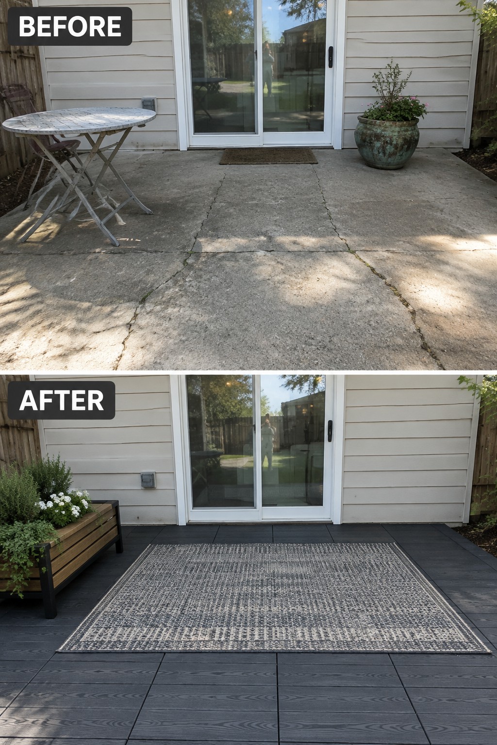 Before-and-after patio: cracked concrete replaced by dark tiles with patterned rug and planter.
