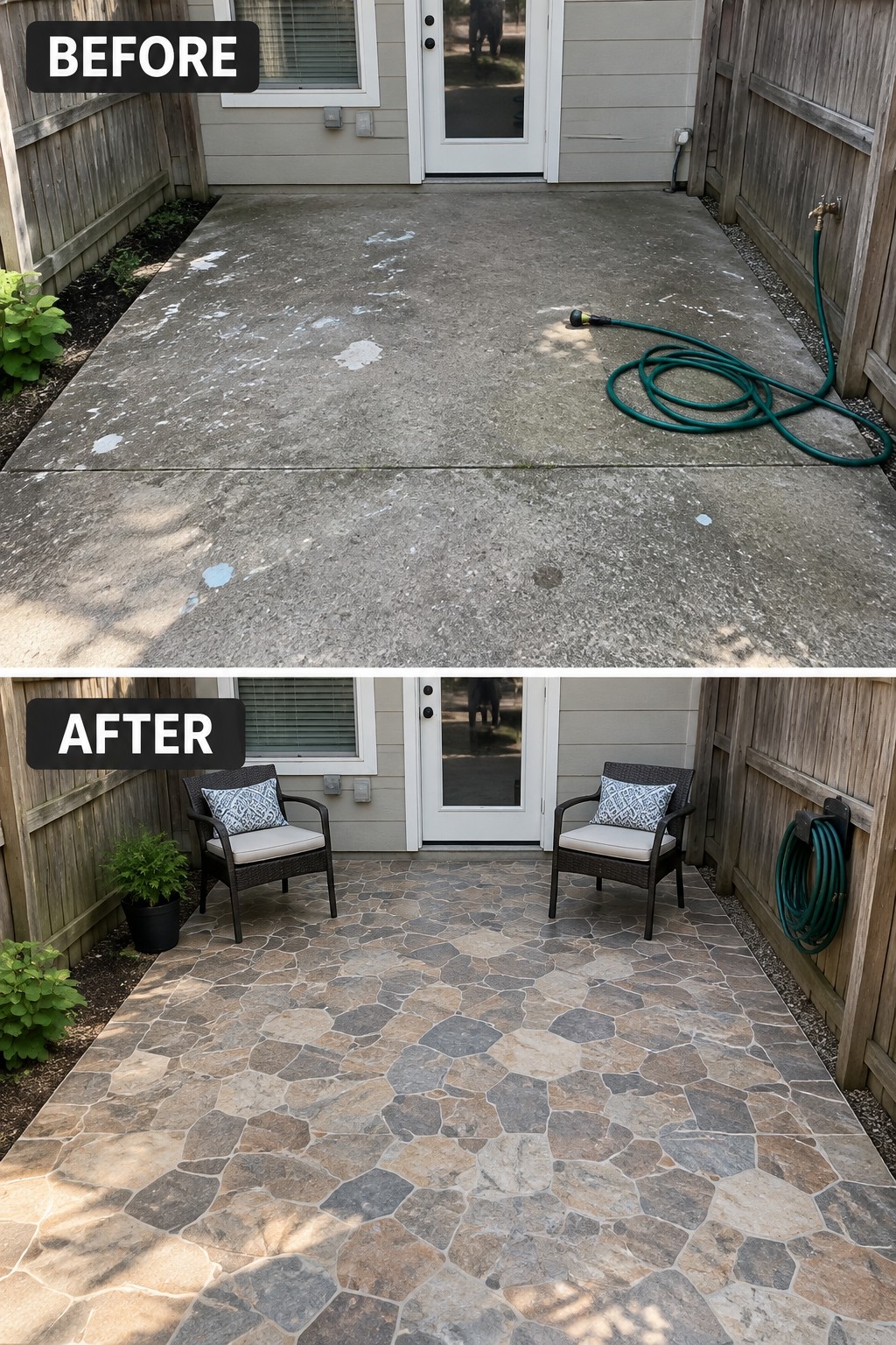 Before and after of stained concrete patio transformed into flagstone with chairs and hose.