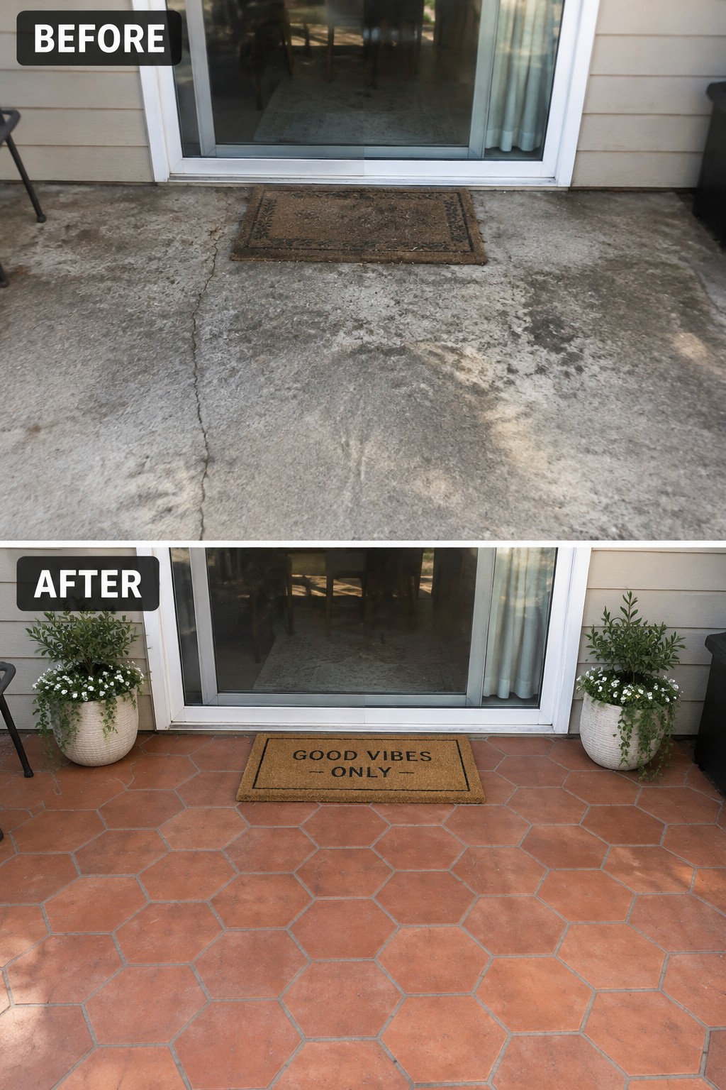 Before-and-after patio with cracked concrete replaced by terracotta tiles and potted plants.