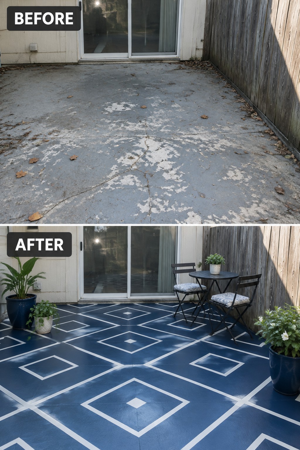 Patio before with cracked concrete and after with blue diamond pattern, furniture, and plants.