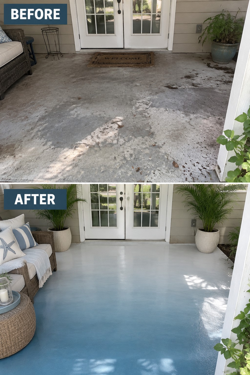 Before and after of stained concrete porch resurfaced in light blue paint