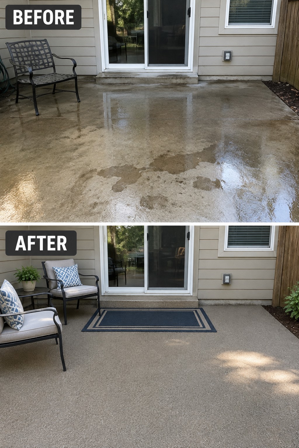 Before wet stained patio above clean dry version with rug and outdoor chairs