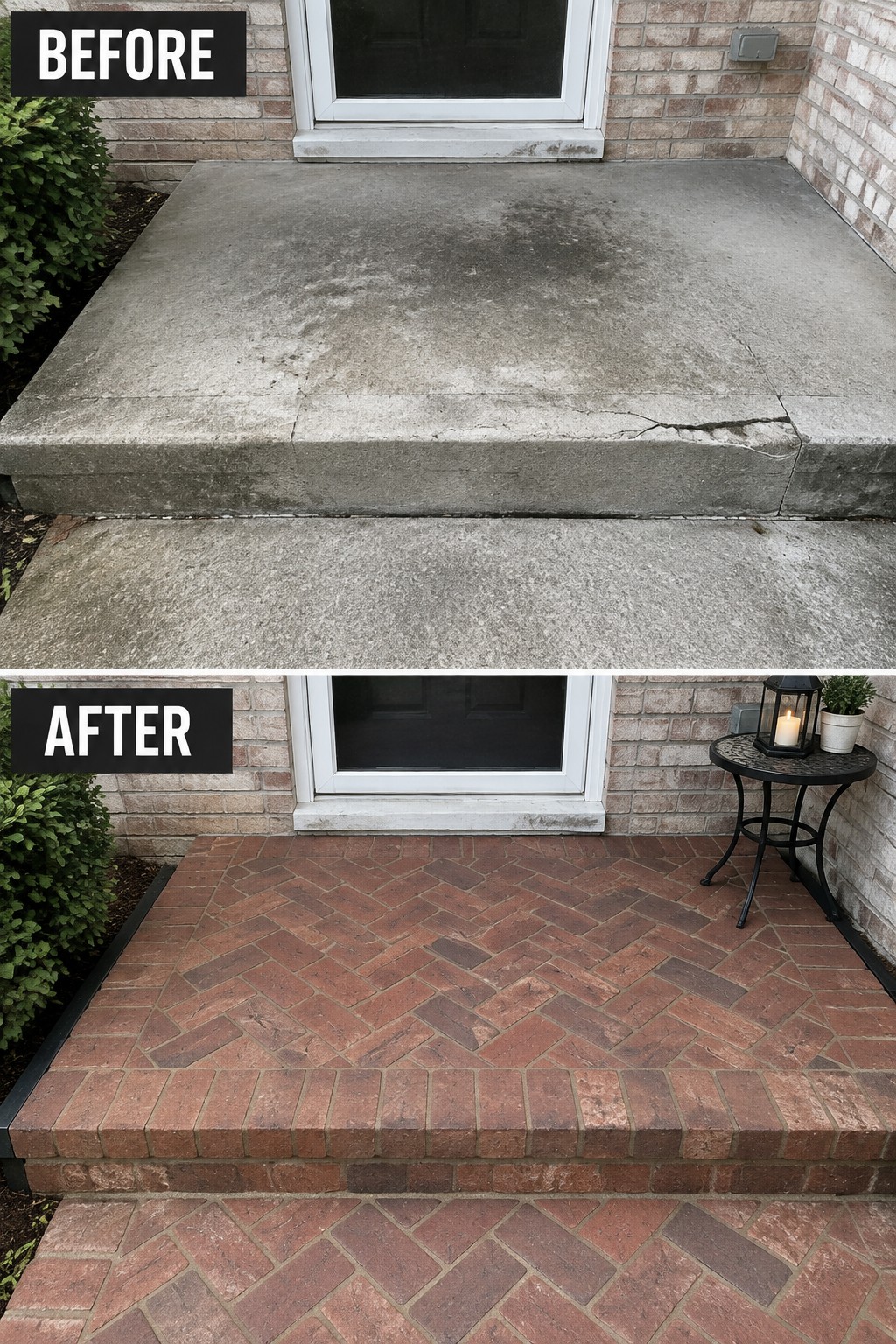 Before stained concrete porch and after red brick paver steps at brick house entrance