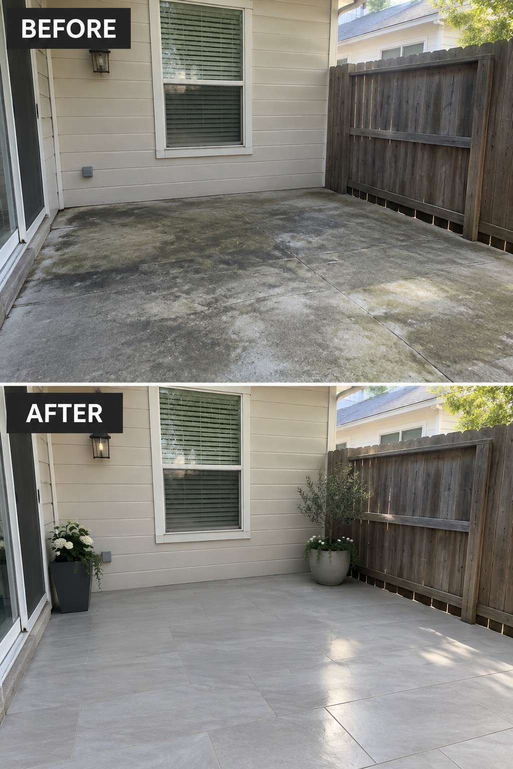 Before and after of stained concrete patio renovated with gray tiles and potted plants.