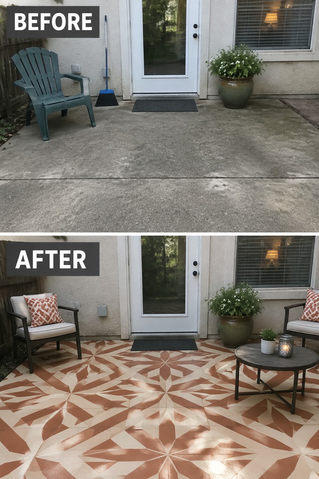 Before-and-after image of a plain concrete patio updated with a geometric stenciled floor pattern and outdoor seating.