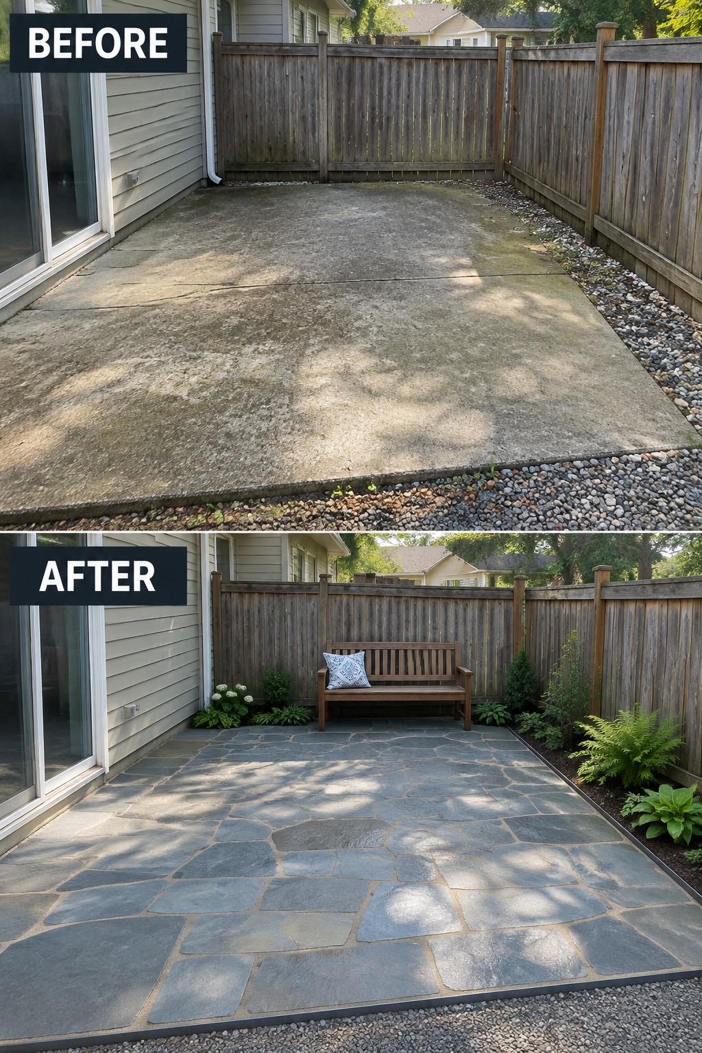 Before concrete patio and after flagstone with bench plus garden plants