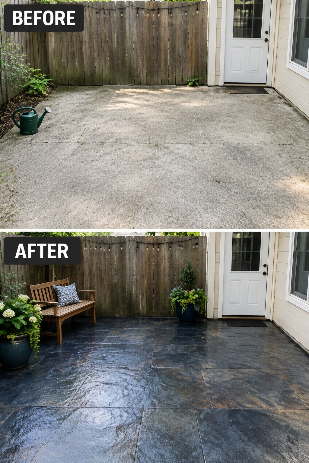 Before-and-after backyard patio with concrete replaced by dark stone tiles, bench, and plants.