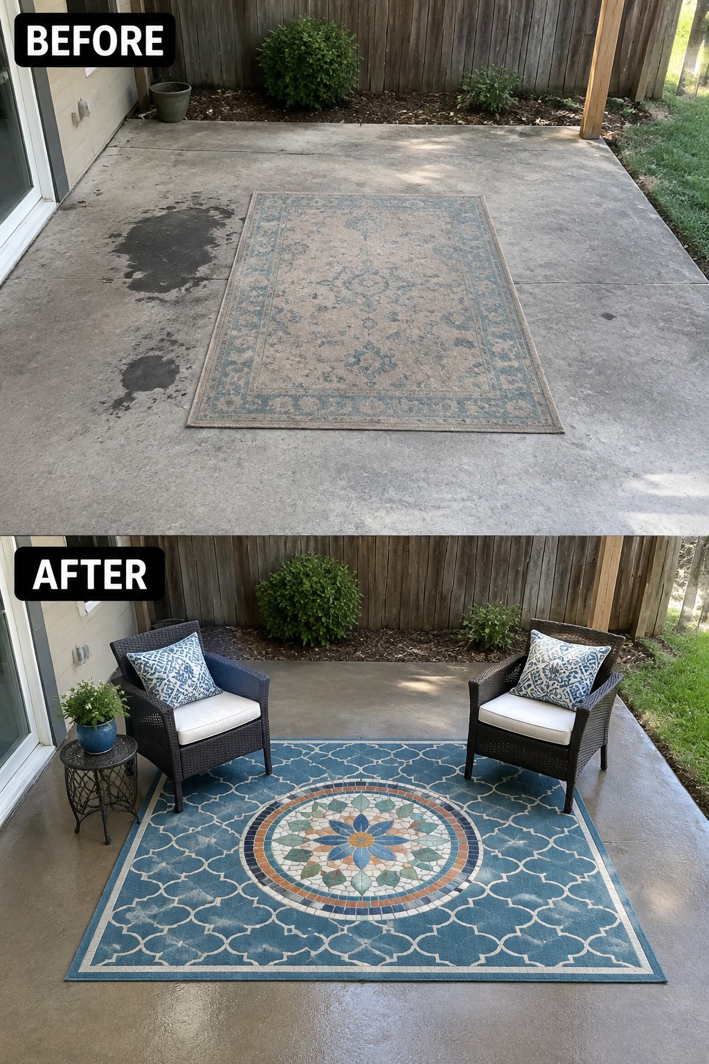 Before and after patio with faded rug replaced by blue patterned rug and wicker chairs