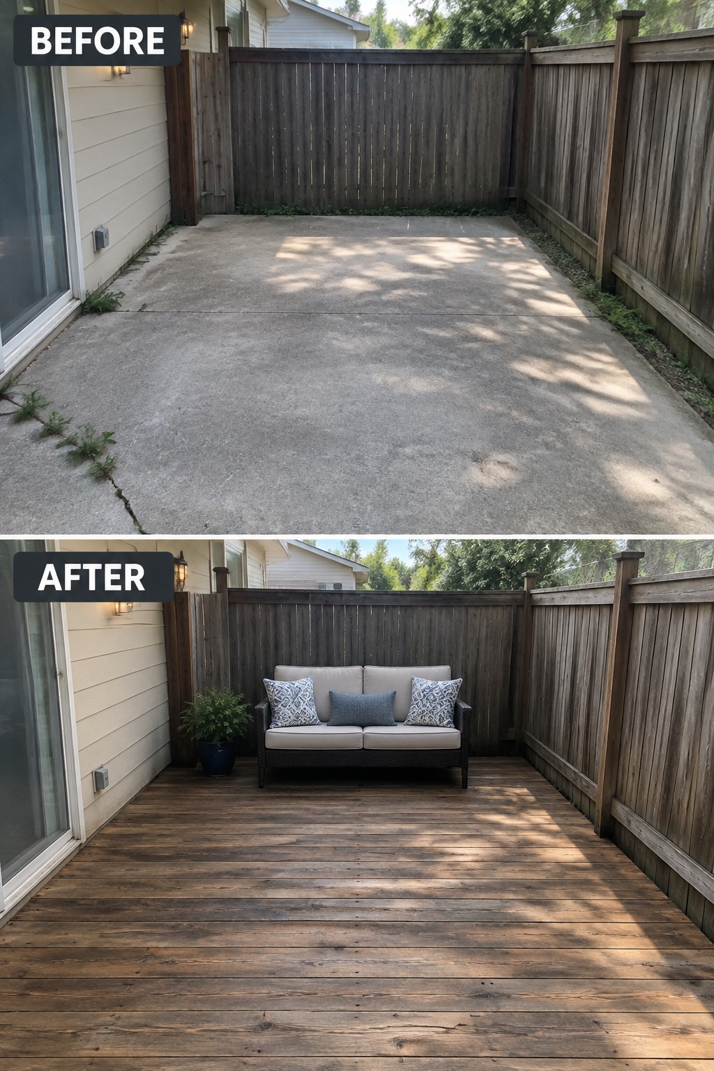 Before-and-after image of a concrete patio changed into a wooden deck with an outdoor sofa.