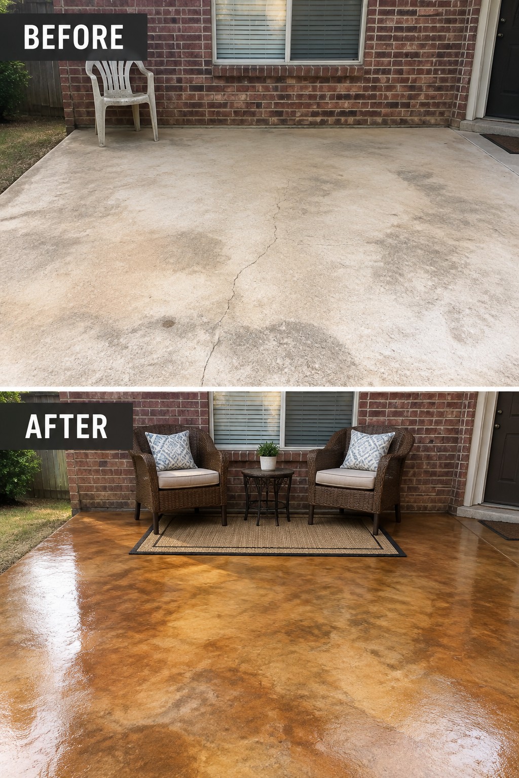 Before and after of stained concrete patio with wicker chairs and rug