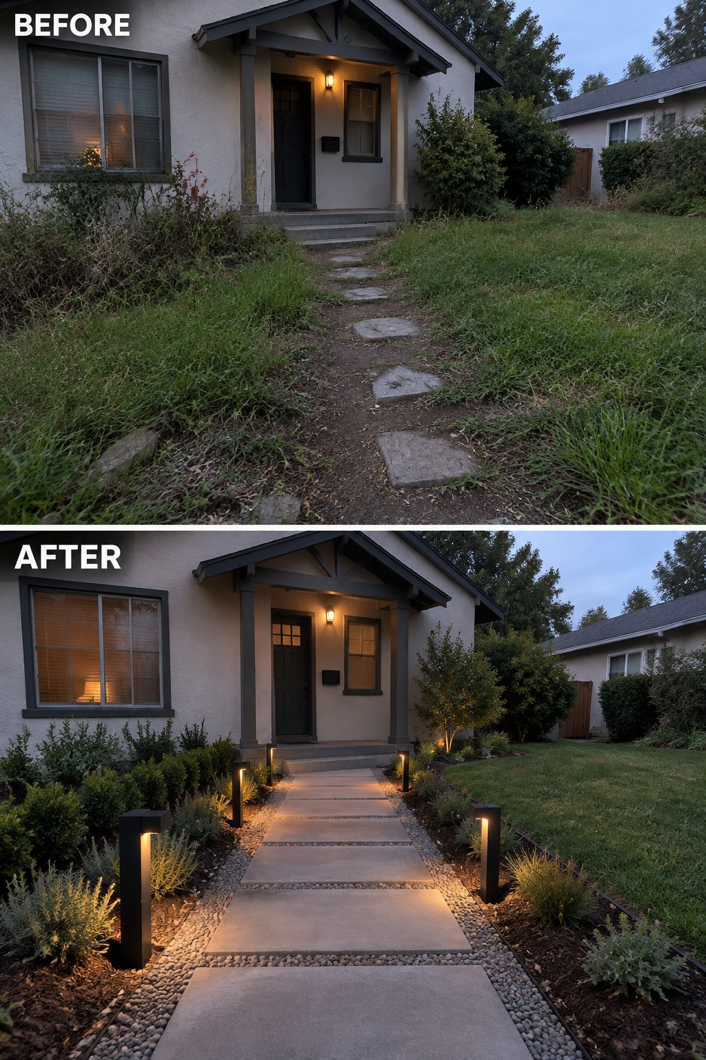 Before-and-after image of an overgrown front path updated with new pavers, gravel borders, plantings, and path lights.