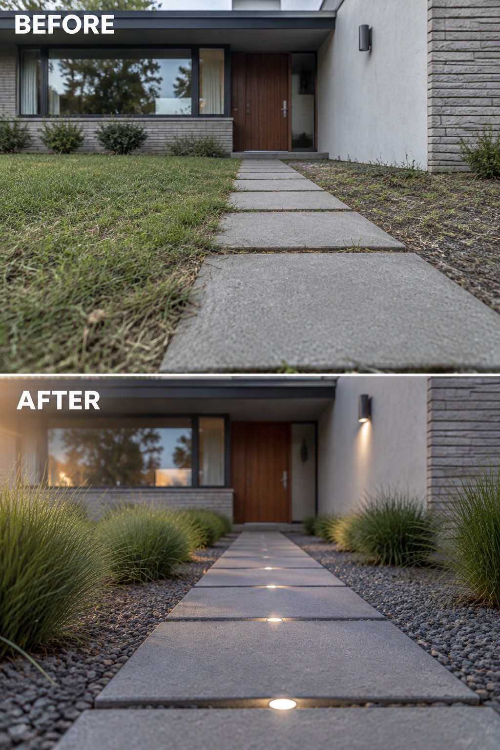 Before-and-after modern house entrance with illuminated pathway, gravel, and ornamental grasses.