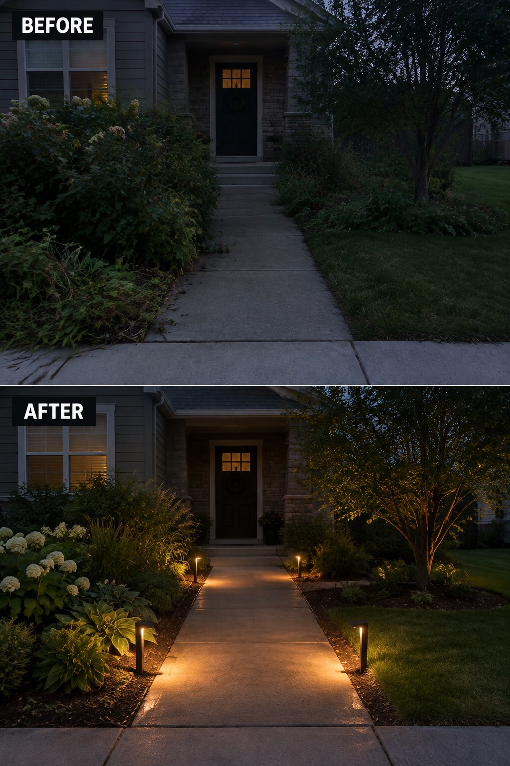 Before-and-after image of a front yard concrete walkway transformed by the addition of low path lights along both edges.