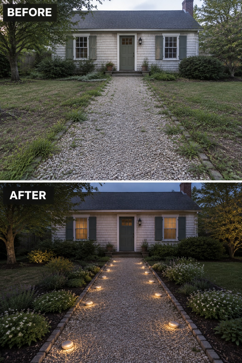 Before-and-after gravel path to house with added glowing pathway lights and landscaping
