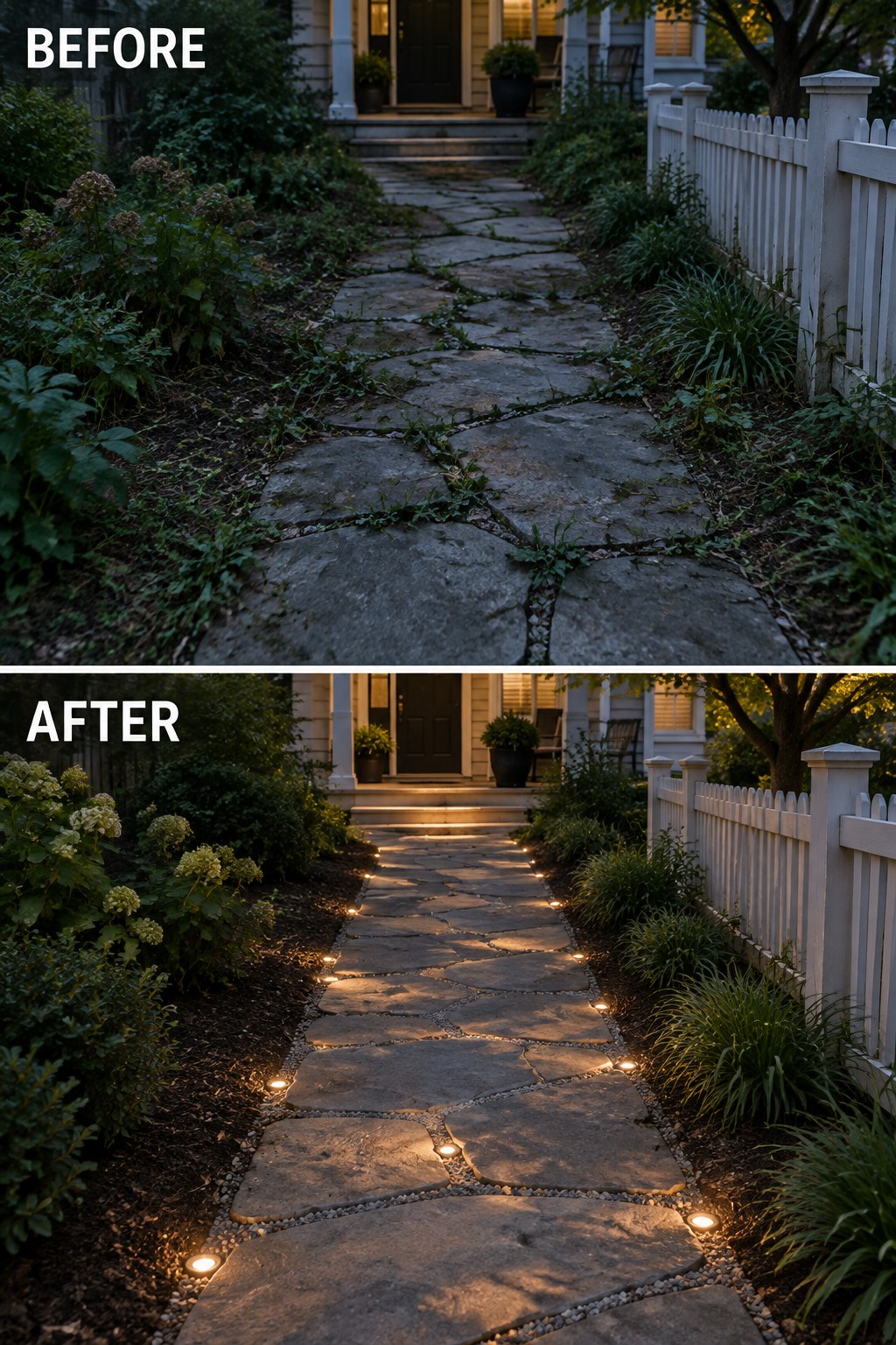 Before and after of overgrown stone path transformed with glowing edge lights.