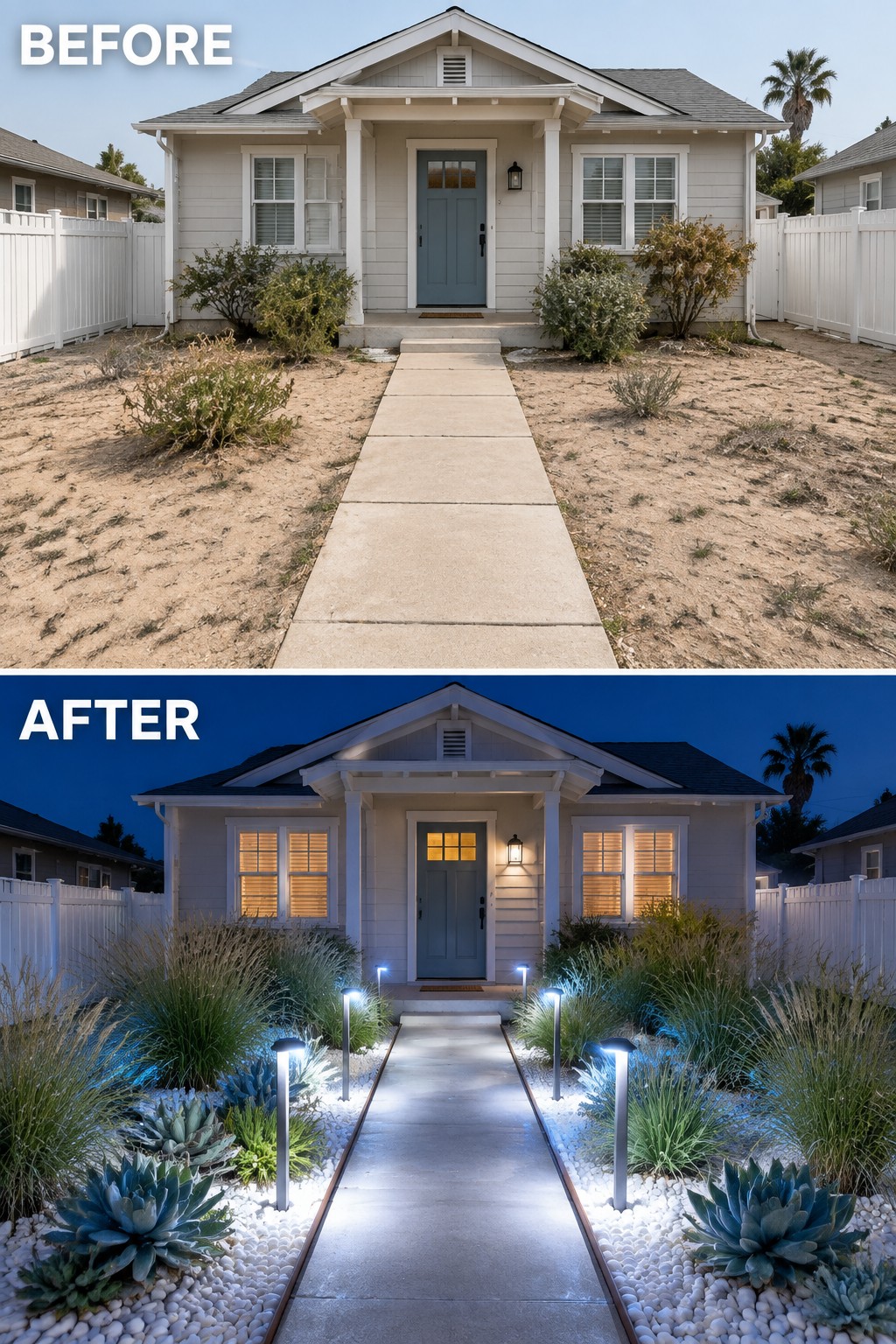 Before and after of house yard: barren dirt to glowing landscaped garden with lights