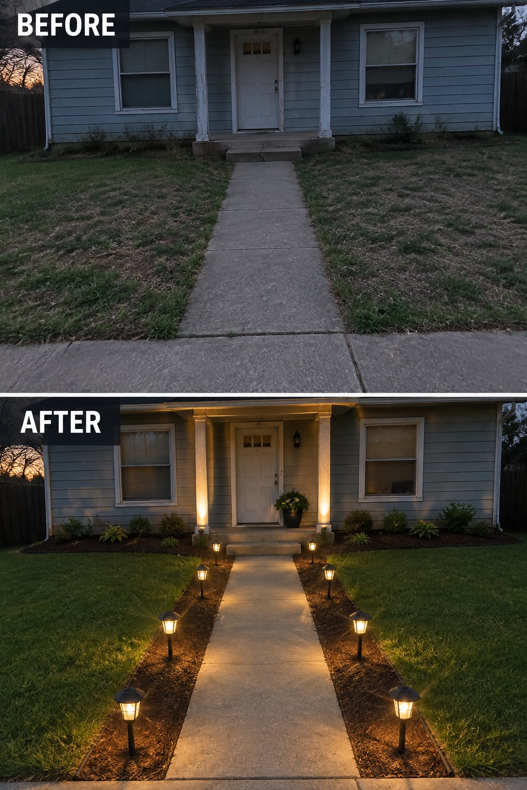 Before-and-after image of a front yard with a concrete path, showing the addition of path lights lining the walkway and landscape lighting at the porch columns.
