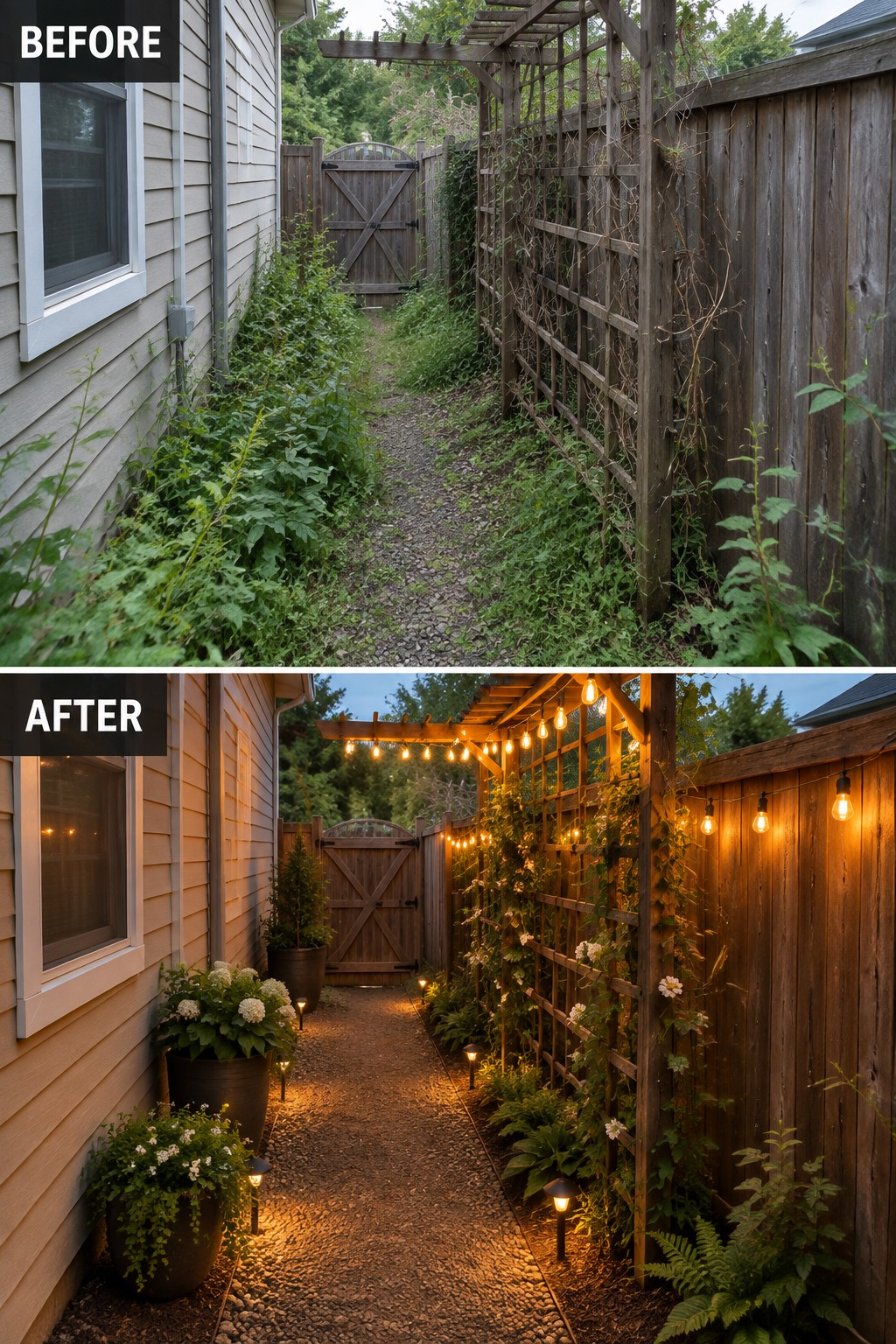 Before-and-after of overgrown gravel path transformed into landscaped garden with string lights and potted plants