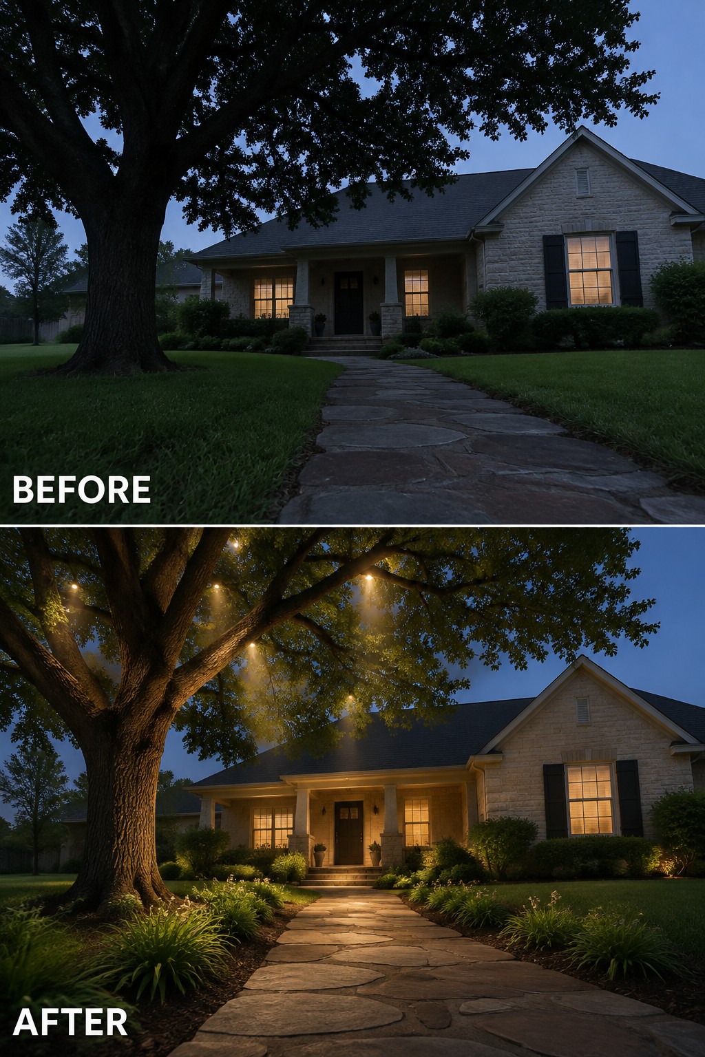 Before and after of stone house with lit tree and path at dusk.