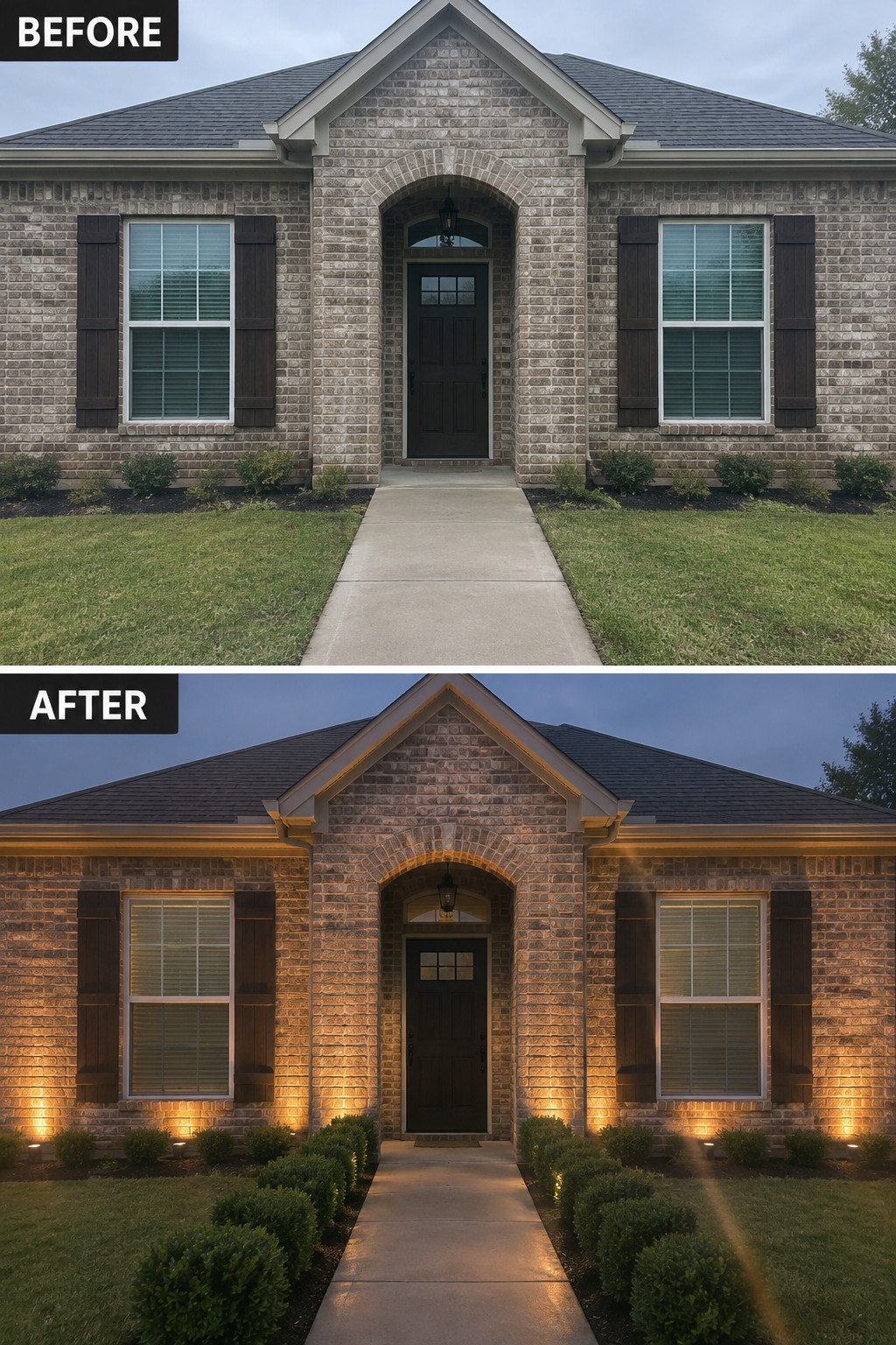 Before and after of brick house with warm exterior lighting at dusk