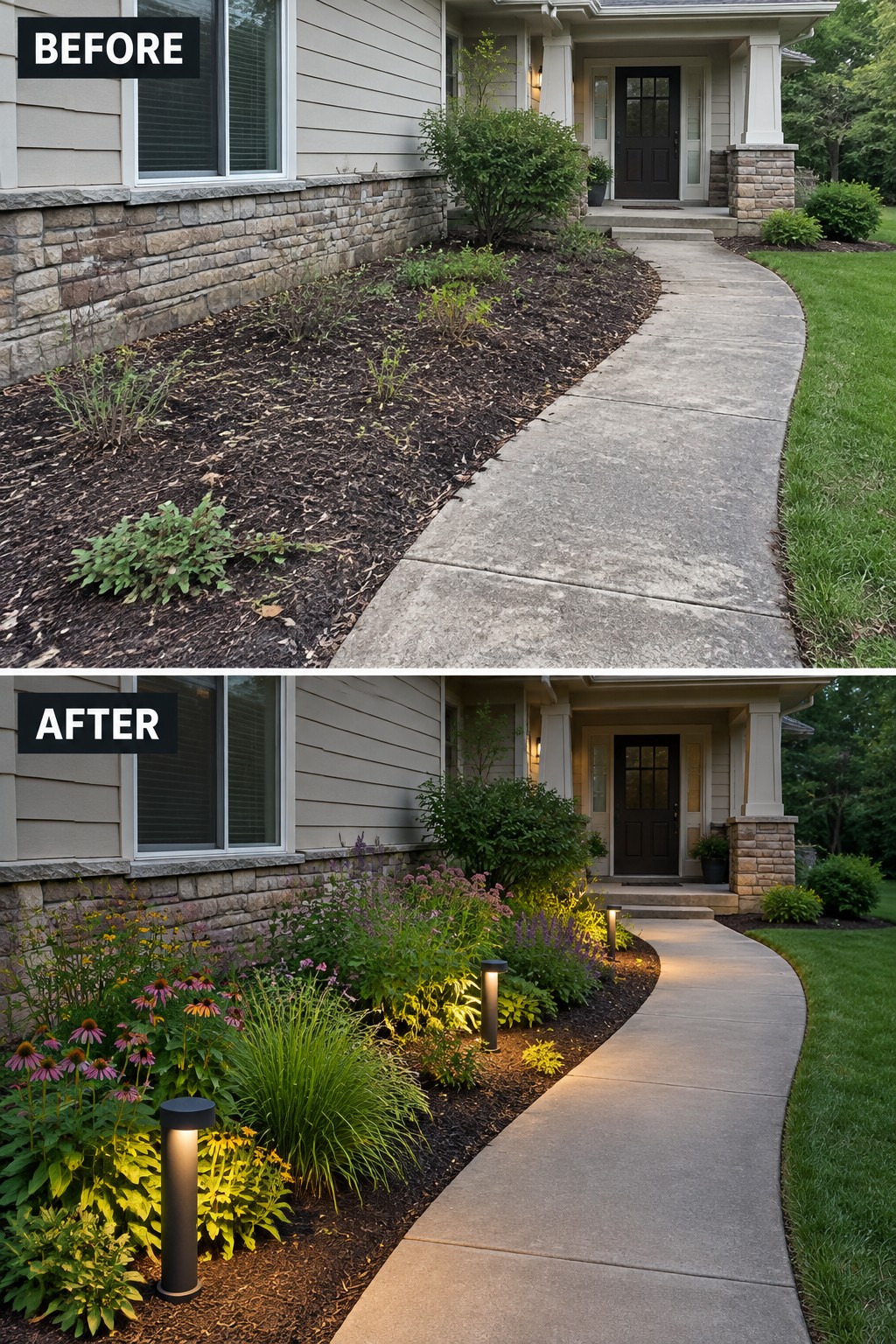 Before-and-after house entrance showing sparse mulch transformed into colorful lit garden bed