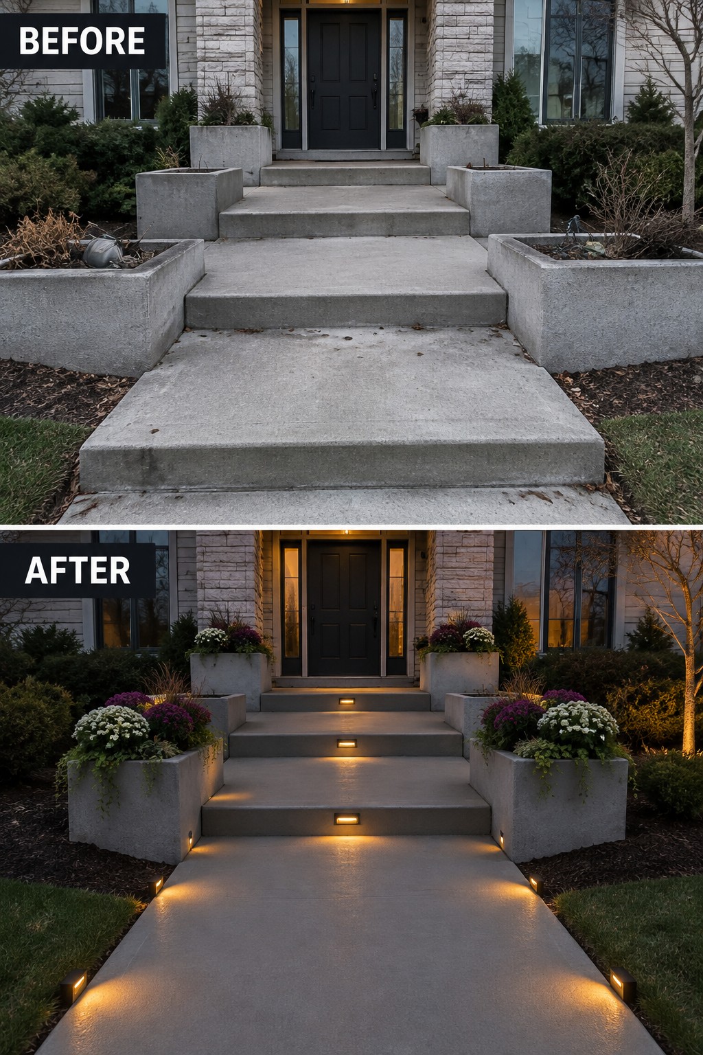 Before-and-after image of a concrete front entry with steps and planters updated with path lights, step lights, and flowering plants.