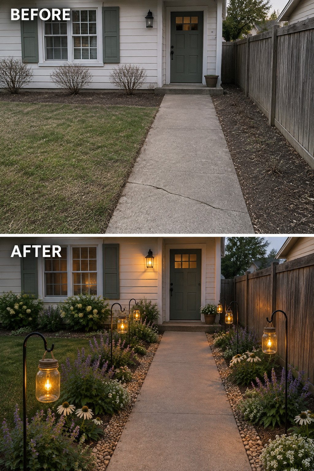 Before-and-after image of a front yard concrete path updated with mason jar path lights and added garden beds along the edges.