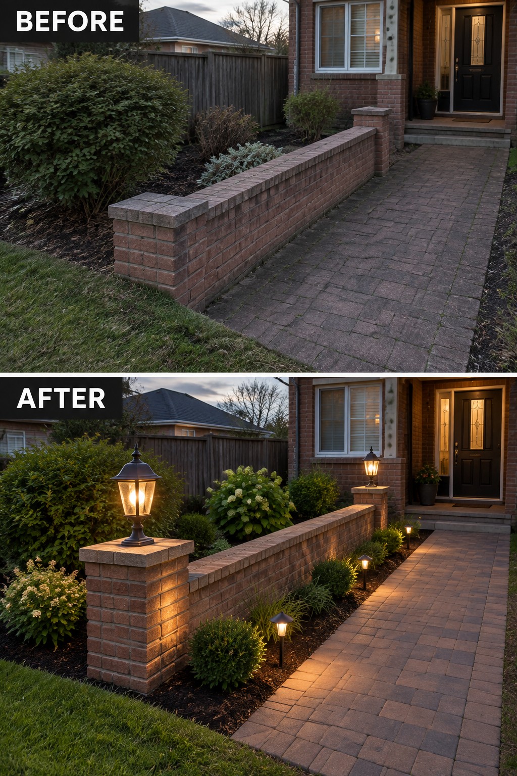 Before-and-after view of brick wall and walkway with added landscape lighting at dusk