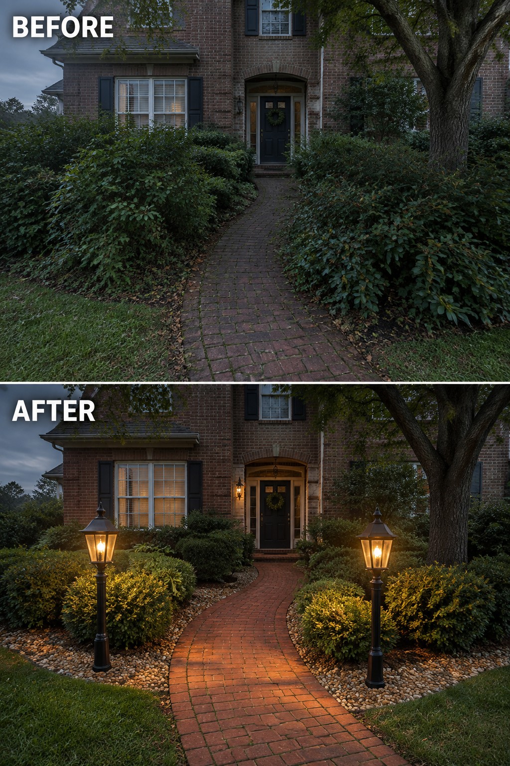 Before-and-after image of a front yard brick walkway updated with the addition of two path lights flanking the path and landscape lighting on the surrounding beds.