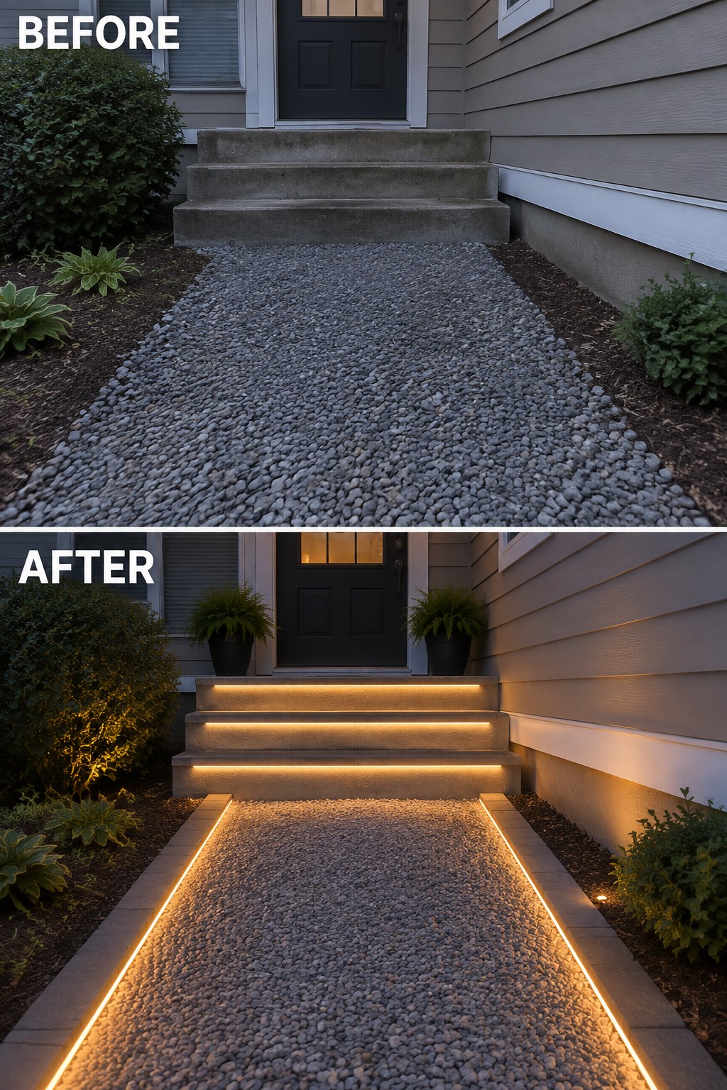Before and after of house entrance with gravel path and lit LED steps