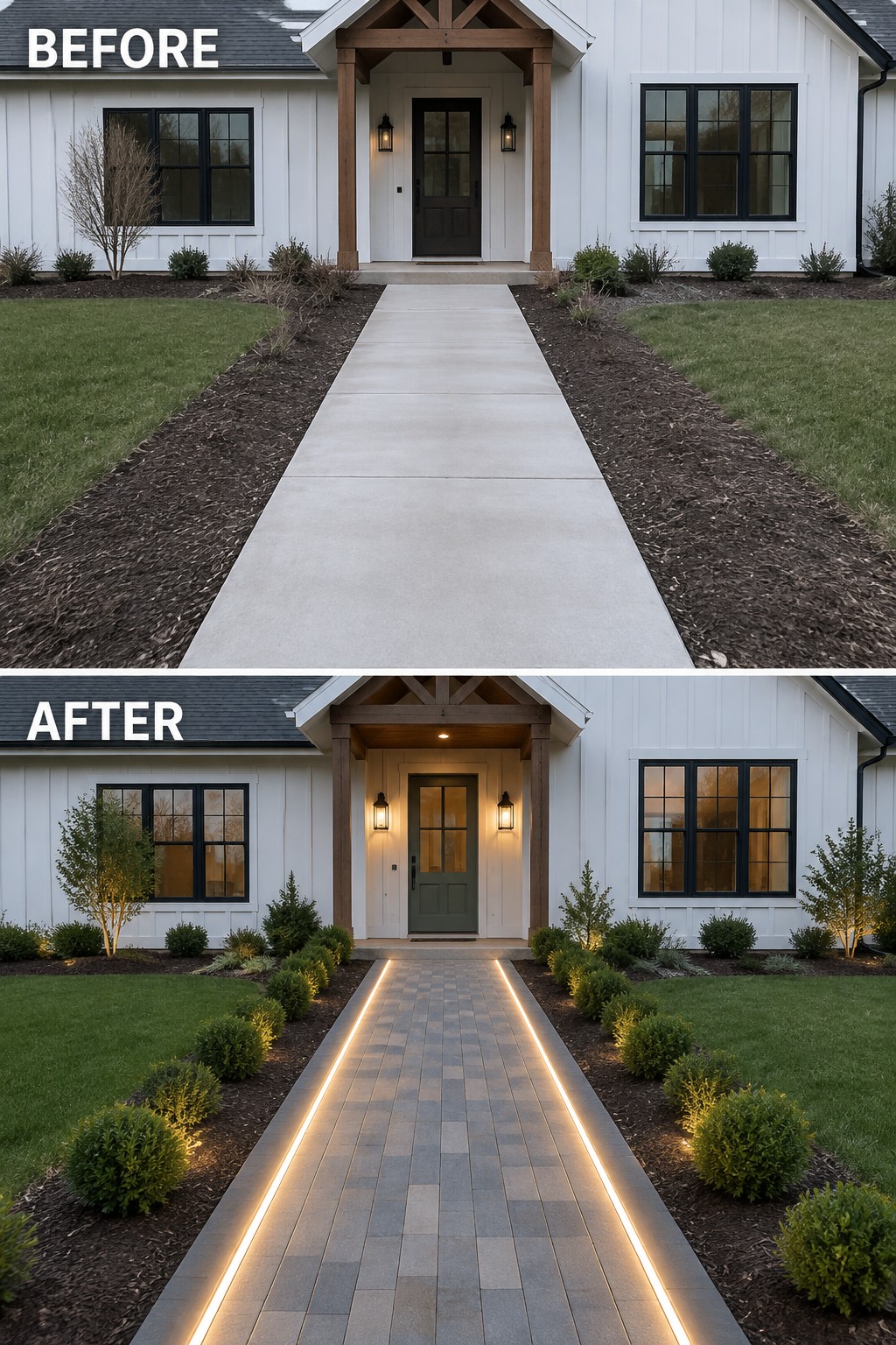 Before-and-after image of a front walkway changed from plain concrete to pavers with linear path lights running along both edges.