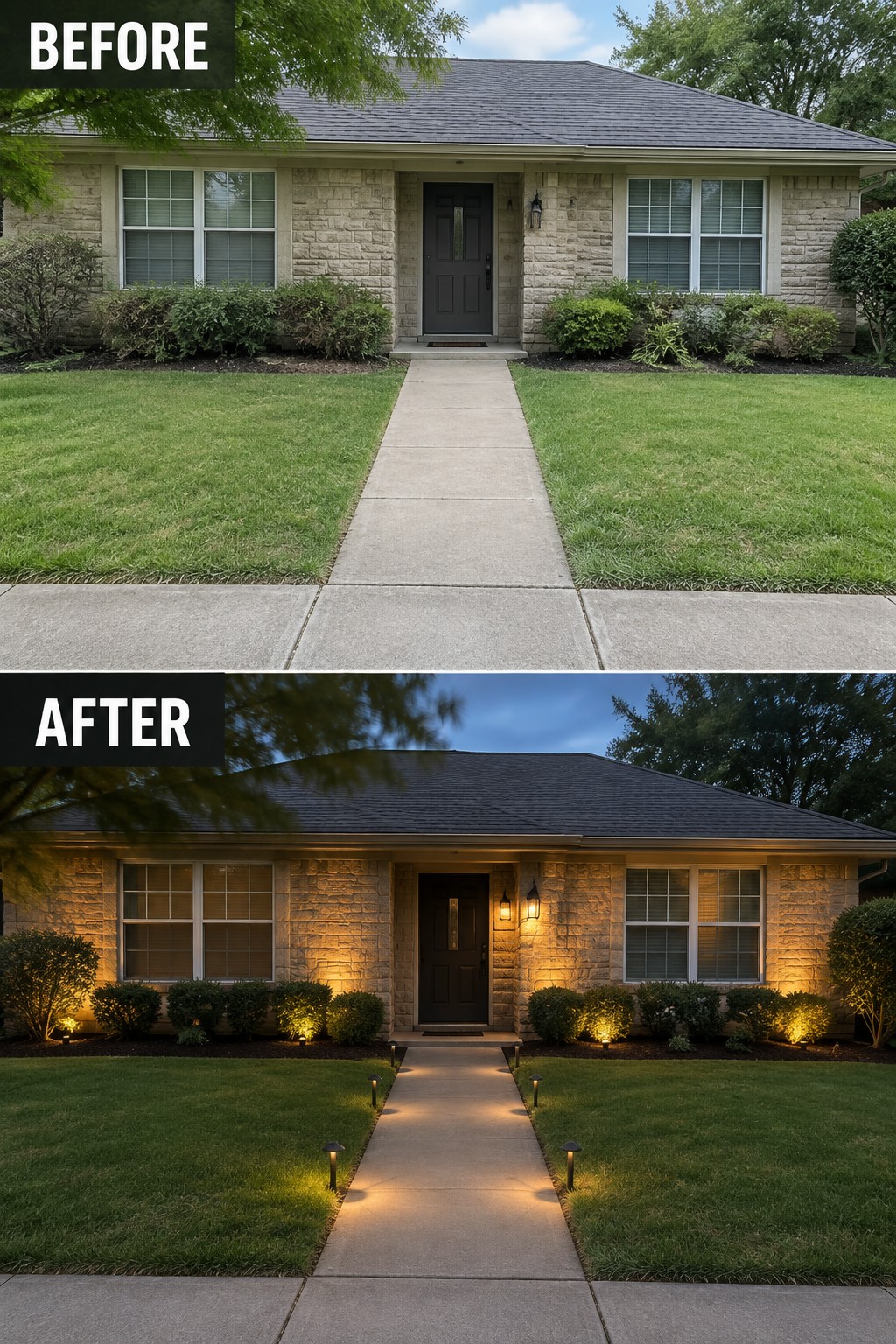 Before-and-after image of a front yard where path lights and landscape lighting were added along the walkway and around the shrubs.