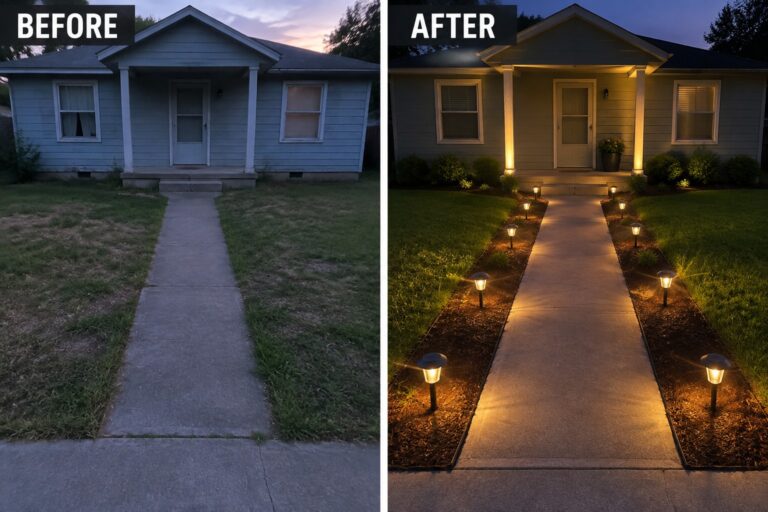 Before-and-after image of a front yard with a concrete path, showing the addition of path lights lining the walkway and landscape lighting at the porch columns.