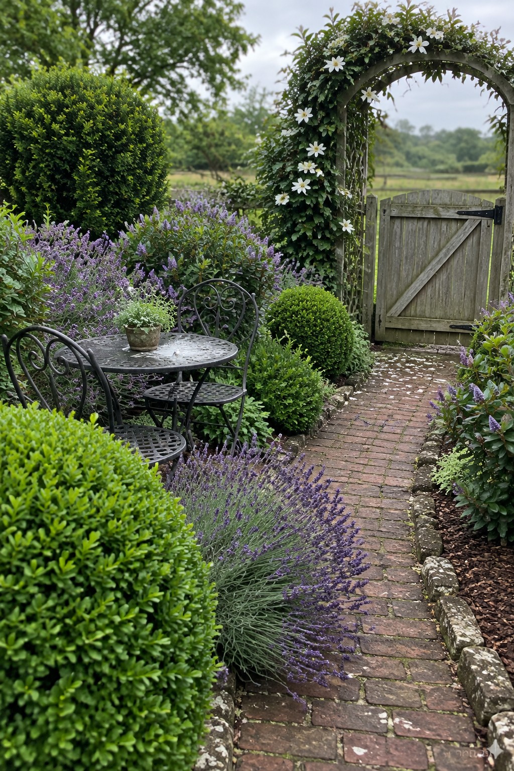 A brick garden path lined with lavender and rounded evergreen shrubs leads toward a wooden gate under a rose-covered arch, with a metal table and chairs on the left.