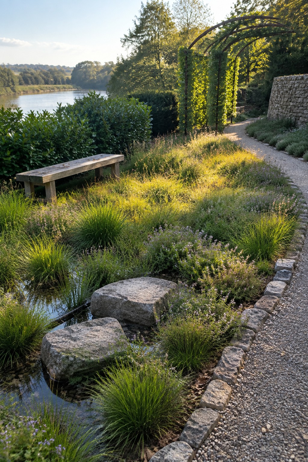 A gravel garden path curves past a stone-edged pond with stepping stones, a wooden bench, and a metal arch covered in evergreen vines, with a river visible beyond the trees.